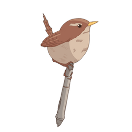 A small, round wren stands perched on top of a tablet stylus.